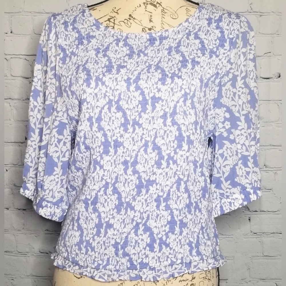 Melloday Women's Blue and White Ruched Floral Top, Size L